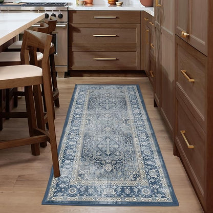 RUGGABLE Washable Vintage Runner Rug – Kamran Admiral Blue 2.5x7, Stain-Resistant, Non-Slip Hallway Runner – Machine Washable Rug for Hallway, Entryway, Living Room & Kitchen–with Cushioned Pad