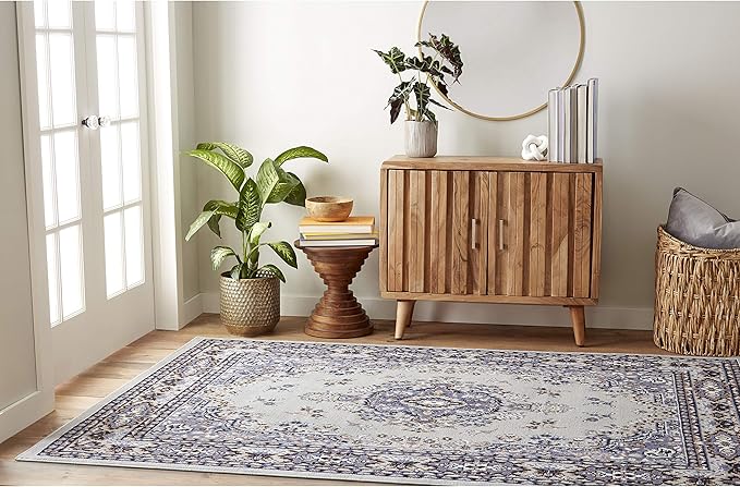 Home Dynamix Premium Sakarya Traditional Medallion Border Area Rug, Silver, 3'7"x5'2" Rectangle