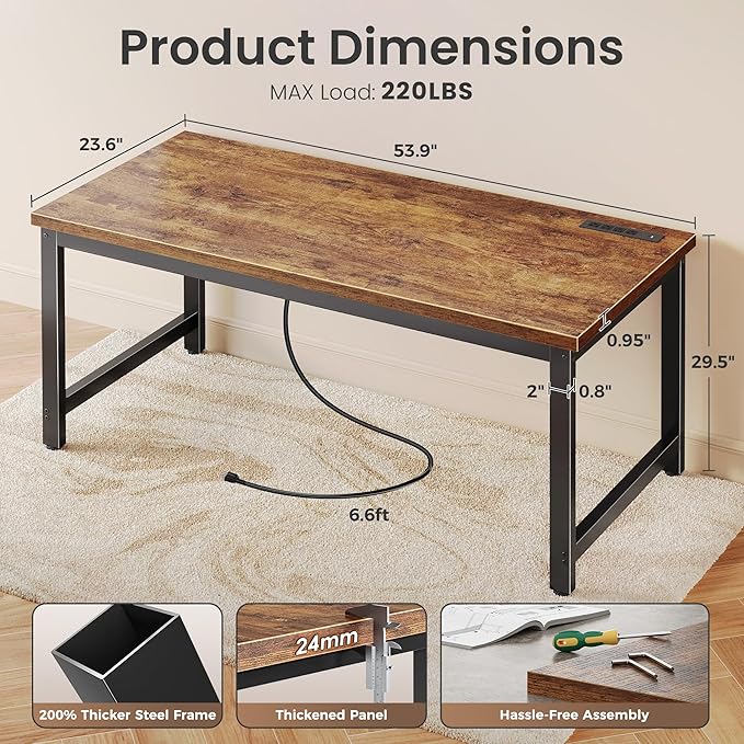 Huuger 55 x 24 inch Desk with Power Outlets & USB-C, Deeper & Thicker Desktop, Robust Metal Tubes, Computer Desk, Heavy Duty Office Desk, Work Gaming Desk for Home Office, Rustic Brown