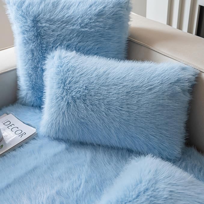 Neelvin Blue Faux Fur Cozy Fluffy Double-Sided Decorative Throw Pillow Covers 12x20 inch Set of 2,Velvet Pillowcase Cushion Case for Sofa Couch