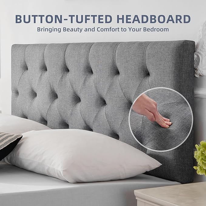 Linen Upholstered Headboard Full Size, Modern Diamond Tufting Solid Wood Full XL Headboard Only, Adjustable Height from 37” to 51” Head Board, Bed Frame or Wall Mount Headboards, Light Grey