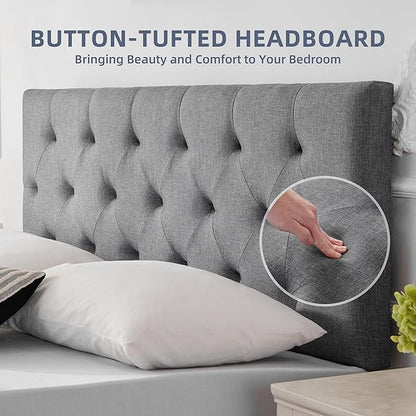 Linen Upholstered Headboard Queen Size, Modern Diamond Tufting Solid Wood Queen Headboard Only, Adjustable Height from 37” to 51” Head Board, Bed Frame or Wall Mount Headboards, Light Grey