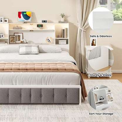 Queen/Full Headboard Queen Size with Storage, Wood Bookcase Headboard with Charging Station & 2 LED Lights, Modern Headboard Only for Queen Size Bed, Noise-Free, Sturdy and Durable, White