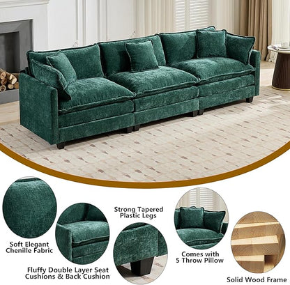 Aoowow Modular Sectional 3 Seater Cloud Sofa Couch for Living Room,113.8" Cloud Sofas with Deep Seat,Modern Chenille 3 Seat Sofas,Fluffy Cloud Couches for Bedroom,Apartment,Office (Green, 3 Seater)