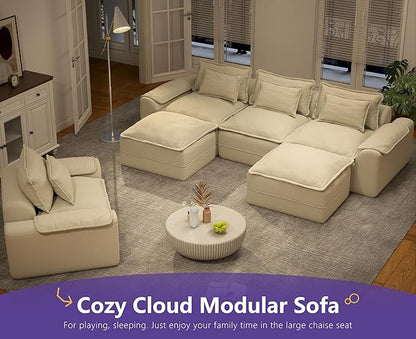 Hobestluk 120" Cloud Modular Sectional Couch 3-Seater Sofa with Ottomans U Shaped Couch Deep Seat Sofa with Removable Cover Large Sofa for Living Room (Beige, 3-Seater Sofa with Two Ottomans)