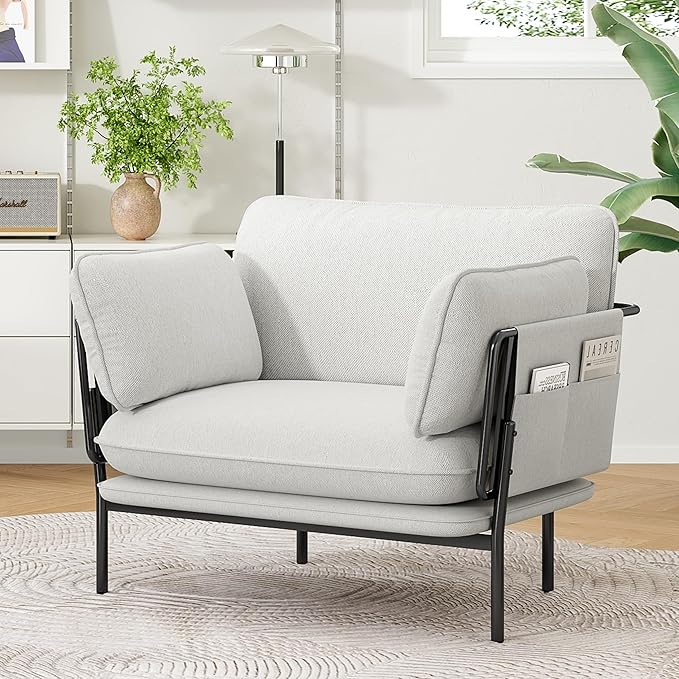 Modern Accent Chair for Living Room, Oversized Reading Chair with Solid Metal Legs, Upholstered Fabric Armchair with Side Pockets and 2 Pillows, Comfy Accent Chairs for Bedroom, Nursery, White