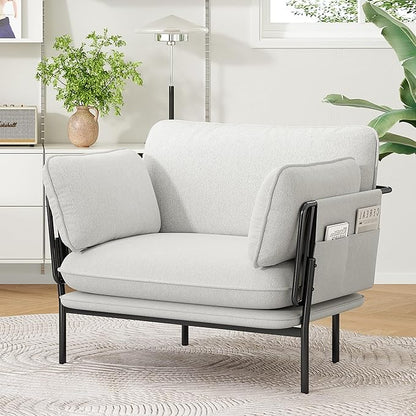 Modern Accent Chairs Set of 2, Oversized Living Room Chairs, Reading Chair with Solid Metal Legs, Fabric Armchair with Side Pockets and 2 Pillows, Accent Chairs for Bedroom, Nursery, White