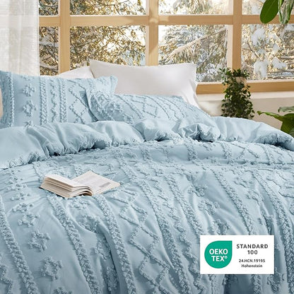 Bedsure Tufted Boho Comforter Set Twin Size - Light Blue Boho Bed Set, GentleSoft™ 2 Pieces Farmhouse Shabby Chic Embroidery Bedding, Gifts for Woman, Soft Jacquard Twin Comforter for All Seasons