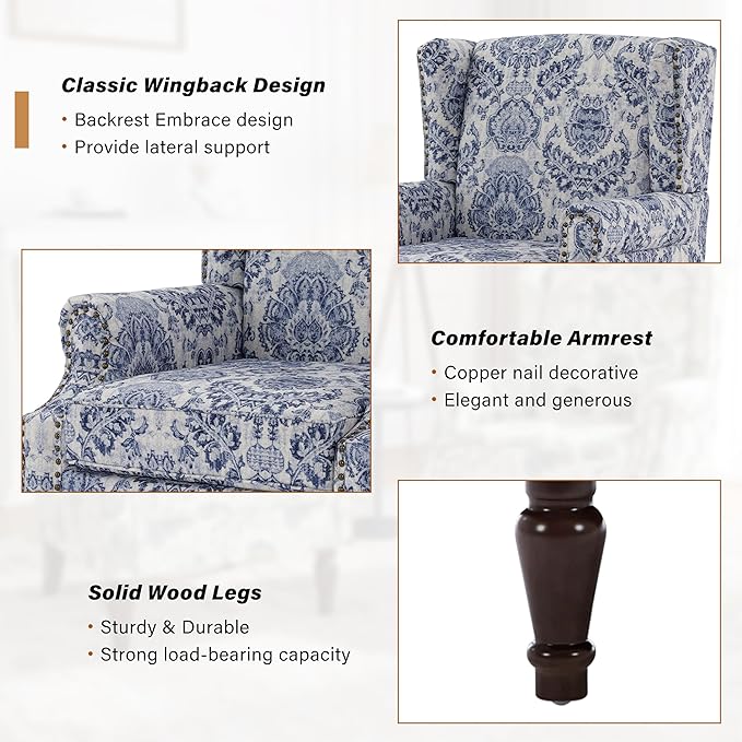 Wingback Accent Chairs Set of 2, High Back Upholstered Armchair, Printed Fabric Wingback Arms Chairs with Wood Legs, Single Sofa Reading Chair for Bedroom Living Room, Navy