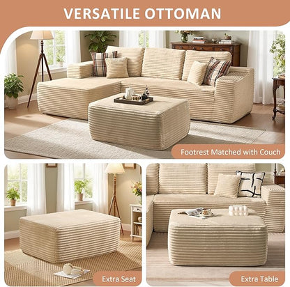 37.1" Ottoman for Couch, Plush Corduroy Memory Foam Ottoman Cloud Boneless Sectional Couch for Living Room Foot Stools No Assembly Require, Plush Corduroy,Beige