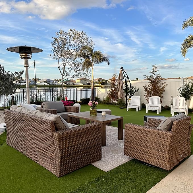 Swivel Glider 6 Piece Outdoor Furniture Set with Swivel Chairs, Wicker Patio Furniture with 4.92" Wide Armrest, 26.3" Deep Seating and 5.5" Thick Cushions, Grey