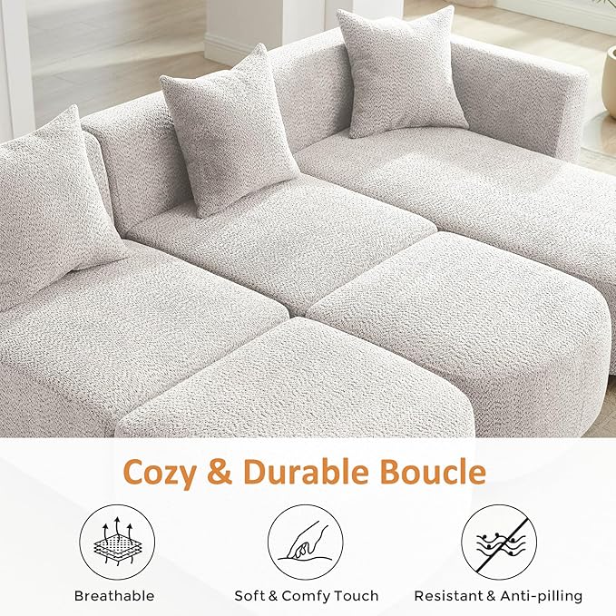 VANOMi 109.84" Modular Sectional Sofa with 3 Pillows, Convertible 5-Seater Comfy Boucle Cloud Couch with Ottoman, Modern Sectional Sofas for Living Room, Office, Apartment (Camel)