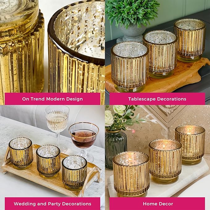 Kate Aspen Gold Votive Candle Holders - Vintage Ribbed Glass Candle Holder Set of 6 - Mercury Glass Tealight Holders for Christmas Table Decor, Holiday Centerpieces, Fall Thanksgiving Tablescape