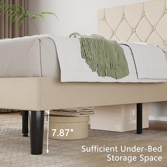 VECELO Twin Size Bed Frame with Button Tufted Headboard, Upholstered Platform Bedframe with Wood Slat Support, No Box Spring Needed, Cream Beige