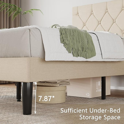VECELO Twin Size Bed Frame with Button Tufted Headboard, Upholstered Platform Bedframe with Wood Slat Support, No Box Spring Needed, Cream Beige