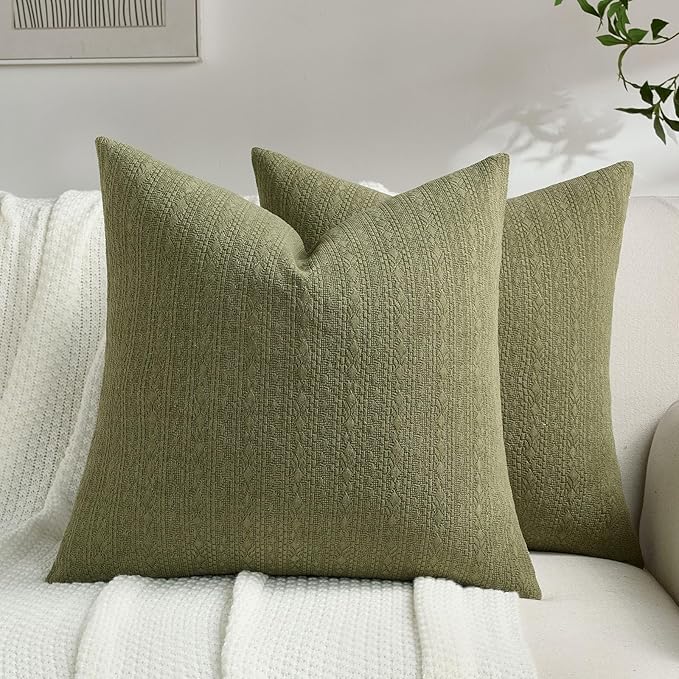 FUTEI Moss Green Chenille Throw Pillow Covers 20x20 Inch Set of 2,Soft Striped & Diamond Textured Cushion Cases,Modern Home Decor for Couch Living Room