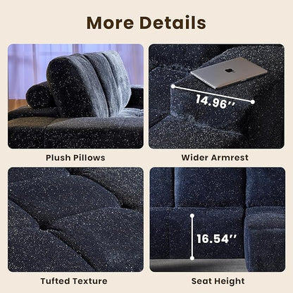 114" Glitter Cloud Sectional Couch with L-Shape Chaise, Modern Boneless Couches for Living Room, Fluffy Tufted Deep Seat Modular Sofa in a Box No Assembly
