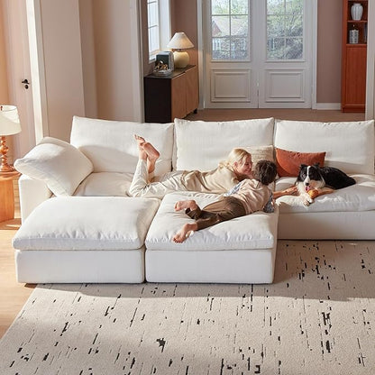 Modular Cloud Sofa, 110.2" Cloud Sectional Couches with Deep Seat, L-Shape 3-Seat Couch with Ottoman for Living Room, Modern Comfy Couch with Washable Cover, Wide Armrest (White,3 Ottomans)