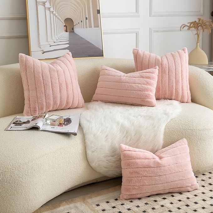 Pack of 2 Faux Fur Throw Pillow Covers 18x18 Inch Striped Decorative Soft Plush Couch Pillow Case Home Decor for Bed, Sofa, Living Room Pink