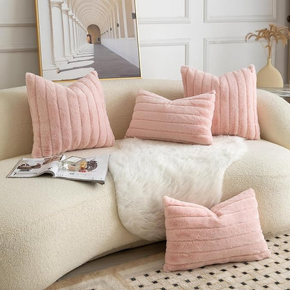 Pack of 2 Faux Fur Throw Pillow Covers 22x22 Inch Striped Decorative Soft Plush Couch Pillow Case Home Decor for Bed, Sofa, Living Room Pink