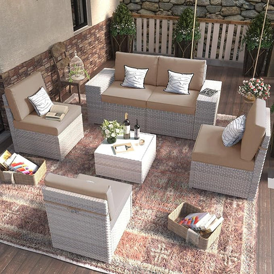 6-Piece Patio Furniture Set, Outdoor Extra Wide Armrest Modular Patio Sofa, Dual-Strand Rattan Wicker, Rust-Resistant Frame, Backyard High Back, Large Seat Furniture for Porch Garden Balcony, Khaki