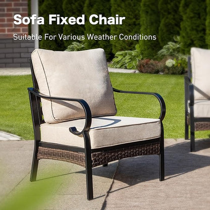 5 Piece Metal Outdoor Patio Furniture Set, Patio Conversation Sets 1 3-Seater Sofa, 2-Seater Sofa, 2 Fixed Sofa with 5.75" Thick Cushion & Coffee Table Black Backyard Furniture, Beige