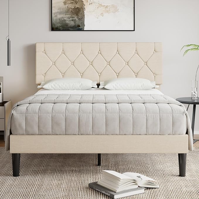 VECELO Queen Bed Frame with Button Tufted Headboard, Upholstered Platform with Wooden Slat Support, No Box Spring Needed, Cream Beige