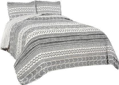 Lush Decor Hygge Geo Pattern Striped 3 Piece Quilt Bedding Set, King, Black & White