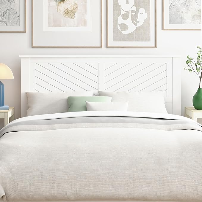 Serene Poplar Wood Queen Size Headboard in White, Modern Farmhouse Panel with Chevron Scoring, Casual Coastal Style, Easy Assembly, Quality Materials