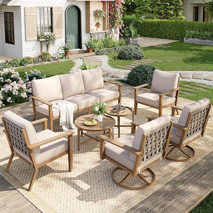 7-Piece Patio Outdoor Conversation Furniture Set with Dual Swivel/Stationary Chairs, Steel Modern Outdoor Patio Conversation Sets with Thick Cushions for Porch, Balcony, Backyard-Beige