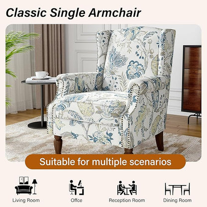 Floral Wingback Accent Chair Set of 2, High Back Upholstered Armchair, Comfy Fabric Wingback Arms Chairs with Retro Solid Wood Legs, Single Sofa Reading Chair for Bedroom Living Room, Plants Blue