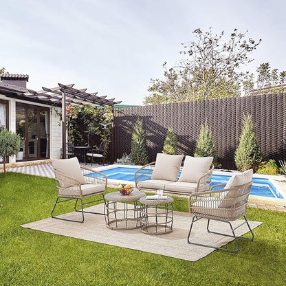 Barton 5-Pieces Outdoor Patio Sets Space Saving Rattan Chairs with 2-Side-Table Patio Sofa Sets Cushioned Seating and Back Set (Beige)