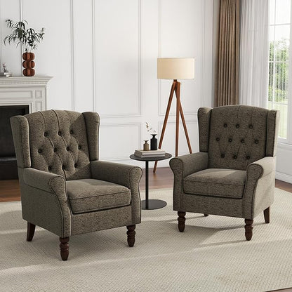 UIXE High Back Accent Chair, Fabric Upholstered Armchair Comfy Wingback Arm Club Chair for Living Room, Retro Single Sofa Bedroom Reading Seat with Solid Wood Legs - Taupe