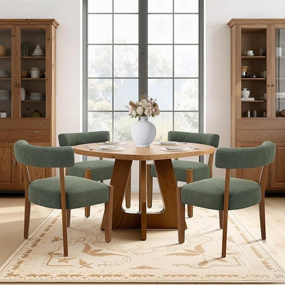 Modern Green Dining Chairs Set of 8, Walnut Upholstered Kitchen & Dining Room Chairs, Mid Century Modern Wooden Dining Chairs Oversized Sturdy Fabric Rounded Chairs Curved Back