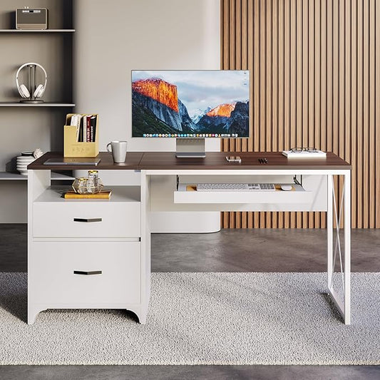 Bestier Office Desk with Drawers, 55 inch Industrial Computer Desk with Storage, Wood Teacher Desk with Keyboard Tray & File Drawer for Home Office, Walnut