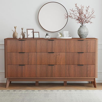 SUNWAVE Fluted 9 Drawer Dresser for Bedroom, 59.1" Wide Modern Large Dresser with Round Corner, Wood Drawer TV Stand for Living Room