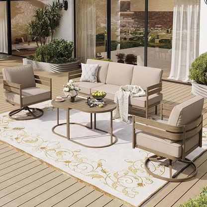 Metal Frame Patio Furniture Set, Wood-Like Modern Outdoor Patio Furniture Set with Cushion, Patio Seating Set with Swivel Chairs, Patio Conversation Set for Backyard Deck