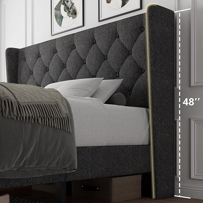 iPormis Full Size Platform Bed Frame with Button Tufted Headboard, Upholstered Bed Frame with Solid Wooden Slats, 8" Underbed Space, No Box Spring Needed, Noise Free, Easy Assembly, Dark Gray
