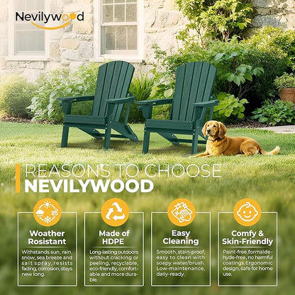nevilywood Folding Adirondack Chair - Extended Ergonomic Backrest, Cup Holder - Easy Assembly - Durable HDPE Plastic, Weather Resistant & Maintenance-Free - Lawn, Patio, Deck Supports 380lbs Green