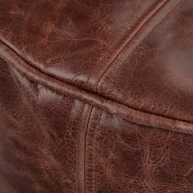 SIMPLIHOME Connor Round Pouf - 18 inch Wide Upholstered Genuine Leather Ottoman in Distressed Brown, Boho Footstool or Extra Seating for Living Room or Bedroom with Polystyrene Filling, Assembled