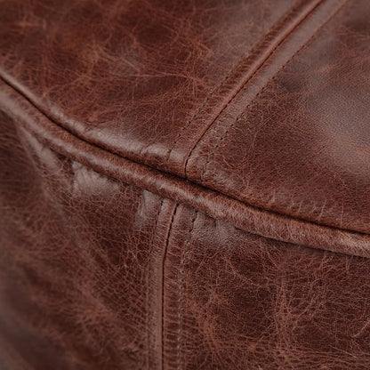 SIMPLIHOME Connor Round Pouf - 18 inch Wide Upholstered Genuine Leather Ottoman in Distressed Brown, Boho Footstool or Extra Seating for Living Room or Bedroom with Polystyrene Filling, Assembled