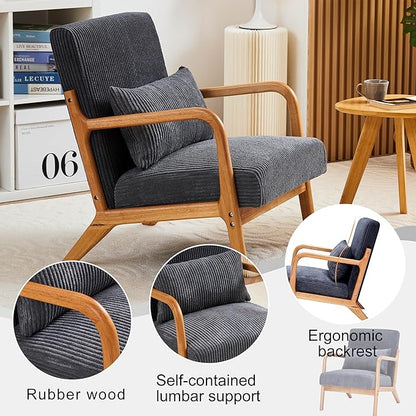 Accent Chairs, Mid-Century Modern Chair with Pillow, Armchair with Solid Wood, Reading Relaxing Leisure Chair for Living Room（Dark Grey）