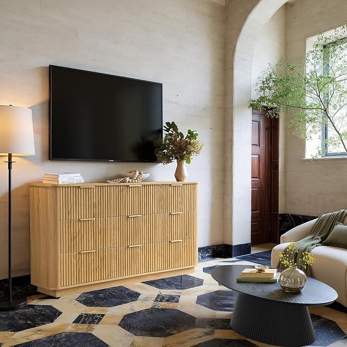 win2win 9 Drawer Dresser, Mid Century Modern Dresser with Storage, 55" Wide Fluted Chest of Drawers with Faux Marble Top, Dressers TV Stand, Drawers Organizer for Bedroom, Living Room, Hallway Oak