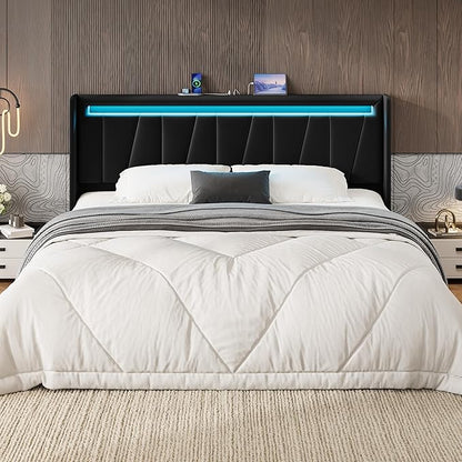 SHA CERLIN King Size Bed Frame with Charging Station and LED Lights, Modern Velvet Platform Bed with Upholstered Geometric Wingback Headboard, No Box Spring Needed, Easy Assembly, Black