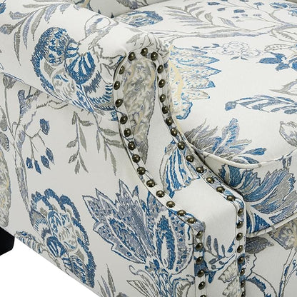 Pia Ricco Set of 2 Floral Accent Chairs, High Back Upholstered Armchairs with Retro Wingback Design, Nailhead Trim & Solid Wood Legs for Living Room Bedroom(Plants Blue)