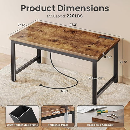 Huuger 48 x 24 inch Desk with Power Outlets & USB-C, Deeper & Thicker Desktop, Robust Metal Tubes, Computer Desk, Heavy Duty Office Desk, Work Gaming Desk for Home Office, Rustic Brown