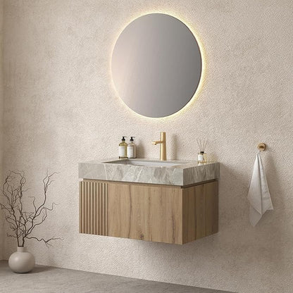 Bathroom Vanity with Sink 30 Inch, Floating Bathroom Vanity Sink Cabinet with Drawer and Door, Undermount Sink & Light Gray Sintered Stone Top, Pre-Assembled, White Oak