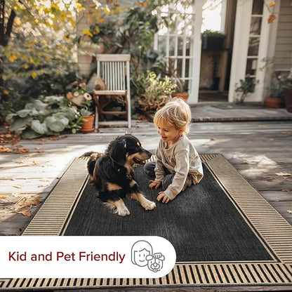 nuLOOM 2' x 3' Outdoor Area Rug, Casual Design With Striped Border, Stain Resistant, Highly Durable, For Patio, Balcony, Bedroom, Living Room, Dining Room, Bathroom, Dark Grey