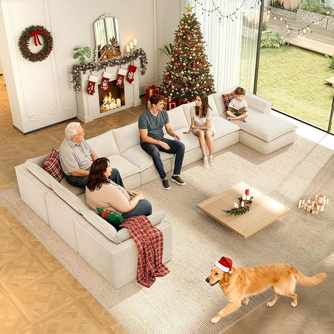 Vesgantti 141.7" U Shaped Sectional Boneless Couch, Modern 6 Seater Modular Sofa with Chaise & Ottoman, Deep Seat Plush Corduroy Cloud Couches for Living Room, No Assembly Required, Beige