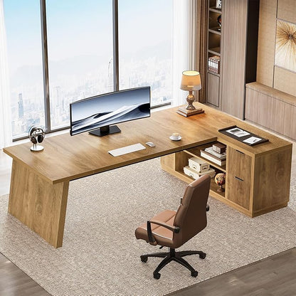 Tribesigns 78" L Shaped Desk with Drawers, Large Executive Office Desk with File Cabinet and Shelves, Modern Corner Computer Table Business Furniture for Home Office, Brown